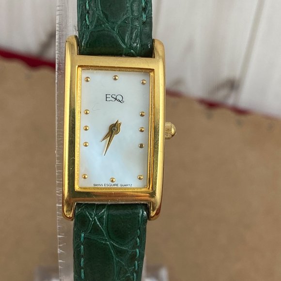 Vintage Gold Movado Esquire Small Swiss Tank Watch Green Strap - Picture 2 of 6